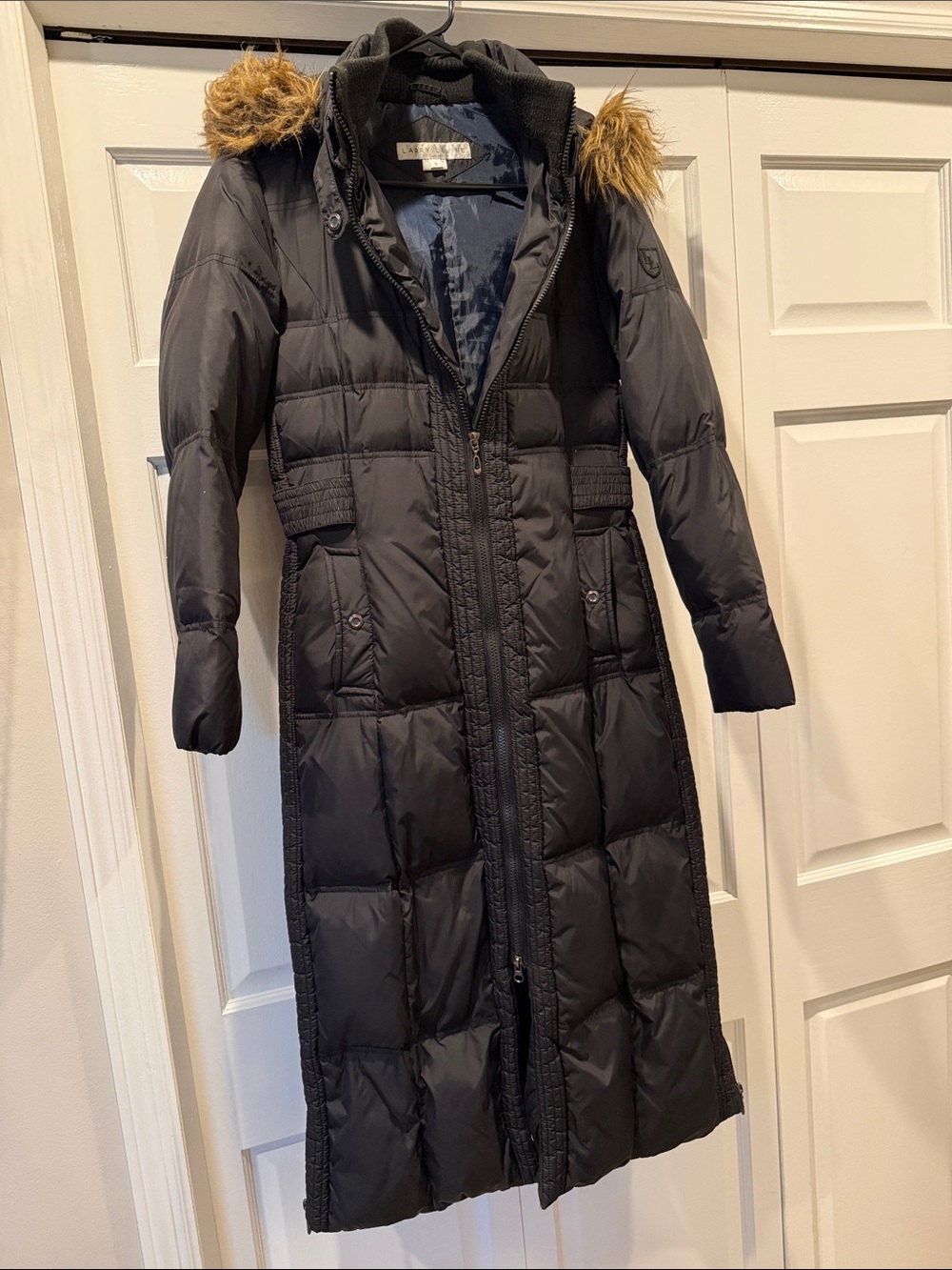 Larry Levine Long Black Faux-Fur Hooded Puffer Coat